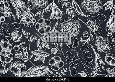 Floral design with chalk ficus, eucalyptus, peony, cotton, freesia, brunia Stock Vector