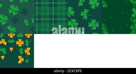 St. Patrick's Day seamless pattern set. Green textures with plaid, lines, gold, clover, shamrock. Stock vector illustration in cartoon realistic style Stock Vector