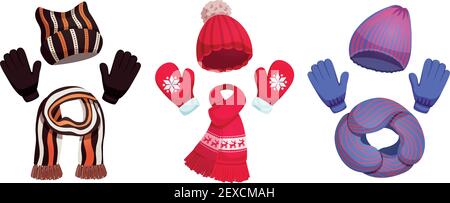 Seasonal winter scarf hats collection with three sets of colourful cold weather clothing on blank background vector illustration Stock Vector