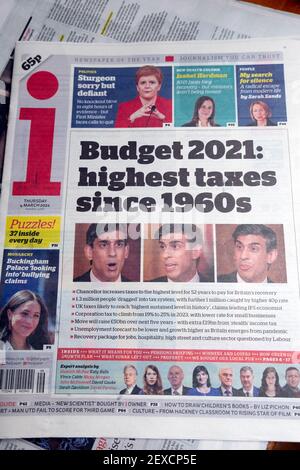 Rishi Sunak 'Budget 2021: highest taxes since 1960's' i front page newspaper headline on 4 March 2021 in London England UK Great Britain Stock Photo
