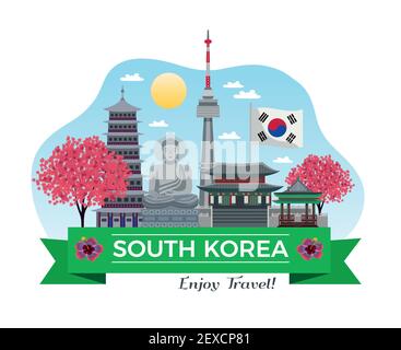 South korea tourism background composition with traditional buildings and sights with ribbon and editable text line vector illustration Stock Vector
