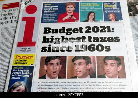 Rishi Sunak 'Budget 2021: highest taxes since 1960's' i front page newspaper headline on 4 March 2021 in London England UK Great Britain Stock Photo