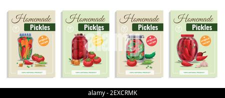 Pickles poster set with four compositions of glass vegetables in transparent mason jars with editable text vector illustration Stock Vector