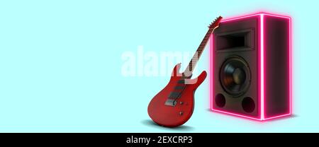 Electric guitar and speaker amplifier lit up with red neon lights concept on a blue background 3d render Stock Photo
