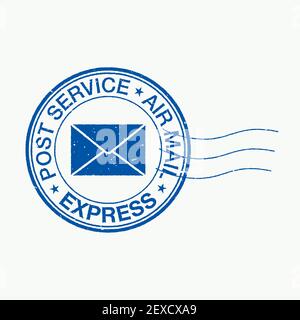 Distressed postal stamp vector illustration. Round shape blue postage stamp, with Post Service, Air Mail, and Express text. Stock Vector