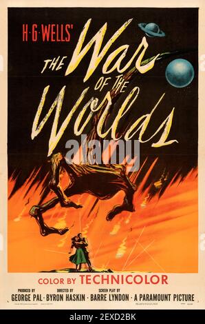 HG Wells 'The War of the Worlds' Old and vintage horror movie poster / picture. Color by Technicolor. 1953. Stock Photo