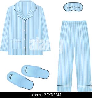 Nightwear realistic set in blue color with  slippers eye patch for sleep and pajamas isolated vector illustration Stock Vector