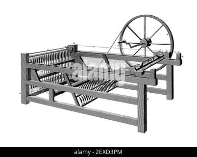 Spinning Jenny, engraving, 1811. The spinning jenny was a multi-spindle spinning frame, invented in 1764 or 1765 by James Hargreaves in Lancashire, England. Stock Photo