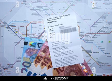 Receipt of the BVG, payed 60 Euros for travel without paying for the ticket Stock Photo