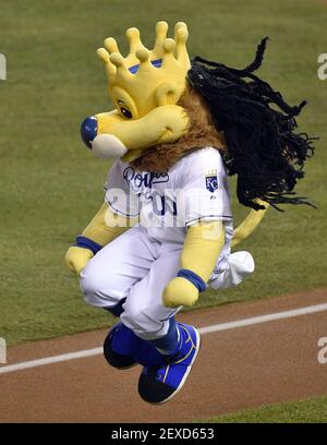 Kansas City Royals mascot Sluggerrr waves a flag before a baseball game  against the Cleveland Guardians in Kansas City, Mo., Sunday, April. 10,  2022. (AP Photo/Colin E. Braley Stock Photo - Alamy