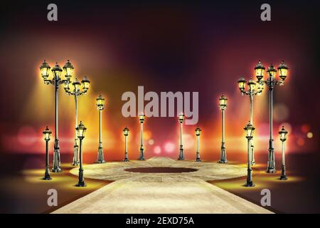 Colored street lights realistic composition quiet night street with yellow retro lights vector illustration Stock Vector