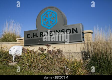A logo sign outside of the headquarters of C.H. Robinson in Eden ...
