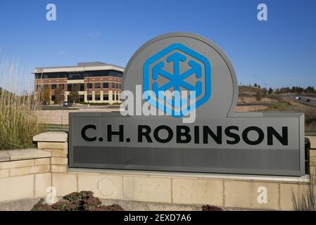 A logo sign outside of the headquarters of C.H. Robinson in Eden ...