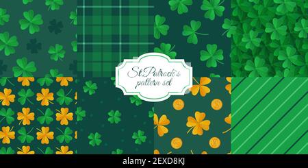 St. Patrick's Day seamless pattern set. Green textures with plaid, lines, gold, clover, shamrock. Stock vector illistration in cartoon realistic style Stock Vector