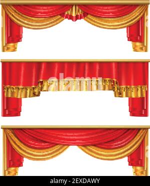 Luxury curtains realistic composition with red and gold colors for theater interior vector illustration Stock Vector