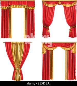 Four different luxury curtains realistic icon set for decoration of opera event theater vector illustration Stock Vector