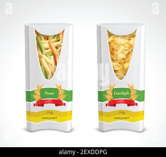 Pasta package realistic icon set two colored pack with penne and conchiglie vector illustration Stock Vector