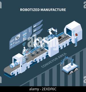 Robotized manufacturing isometric composition with automated conveyor robotic equipment interface elements of control panel vector illustration Stock Vector