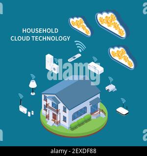 Household cloud technology isometric composition with residential building wifi appliances and devices blue green background vector illustration Stock Vector