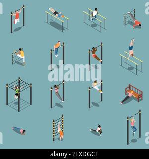 Street workout warm up and exercises on sports equipment isometric icons isolated on turquoise background vector illustration Stock Vector