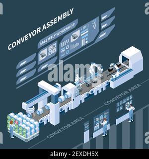 Intelligent manufacturing isometric composition with holographic control panel of assembly conveyor on dark background vector illustration Stock Vector