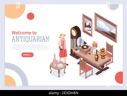Antique isometric poster with elegant woman looking at interior items made in vintage style vector illustration Stock Vector