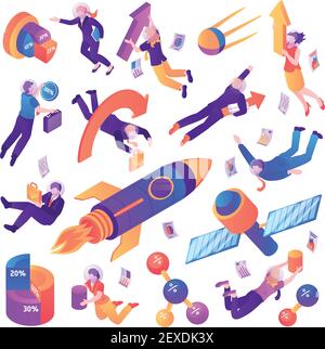 Business space isometric set of different flying spacecrafts people and business symbols isolated vector illustration Stock Vector