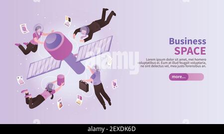 Business space horizontal banner with image of earth artificial satellite and people flying around isometric vector illustration Stock Vector