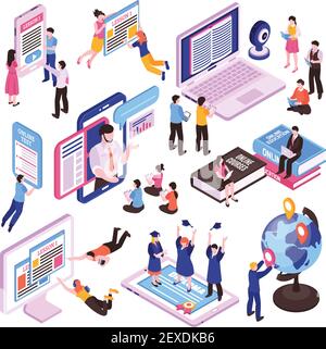 Online lessons isometric set of studying people using pc tablet and smartphone isolated vector illustration Stock Vector