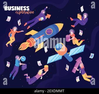 Business exploration color background with rocket satellite and people flying in night starry sky isometric vector illustration Stock Vector
