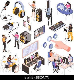 Audio studio isometric set with speakers in  radio room bloggers at work place and musicians recording song isolated vector illustration Stock Vector