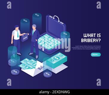 What is bribery abstract color background with businessman official and briefcase with money isometric vector illustration Stock Vector
