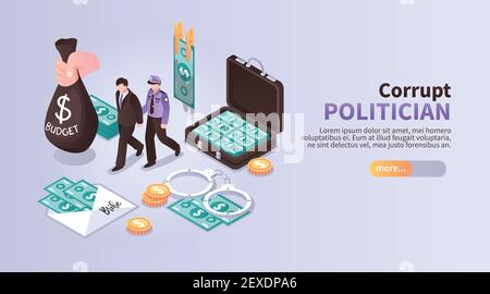Corrupt politician horizontal banner with set of isometric icons illustrated laundering of budget money with following arrest vector illustration Stock Vector