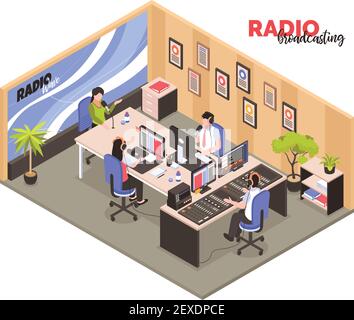 Radio broadcasting isometric vector illustration with employees in work interior participated in recording of radio programs Stock Vector