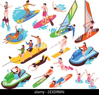 Isometric set of summer water active recreation so as banana boat surfing windsurfing jet skiing flyboarding isolated vector illustration Stock Vector