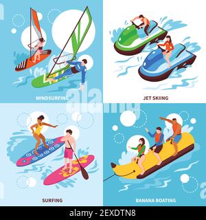 Water sport 2x2 design concept set of windsurfing jet skiing banana boating and surfing square icons isometric vector illustration Stock Vector