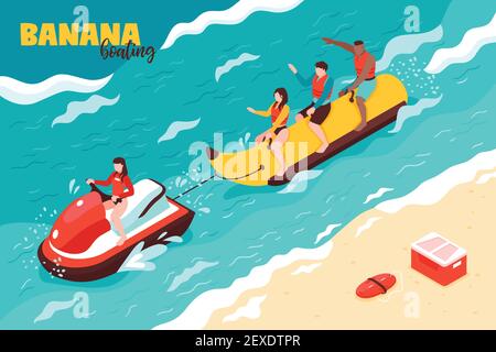 Summer water sport isometric vector illustration with group of people on vacation riding banana boating Stock Vector