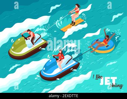 Summer water sport isometric poster on sea waves background with people involved in jet skiing vector illustration Stock Vector