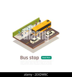 Isometric colored city composition with bus stop headline people sit on the bench vector illustration Stock Vector