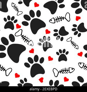 Seamless pattern with black dog paws,hearts and fish bones skeletons on white background. Vector flat cartoon illustration. Stock Vector