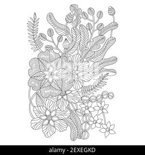 Outline doodle flowers in black and white for adult coloring books, monocrome floral vector pattern. Stock Vector