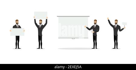 Businessman in suit with blank white banner set. Bearded business man character pointing on presentation screen. Successful male manager holding posters and showing empty nameplate placard. Vector eps Stock Vector