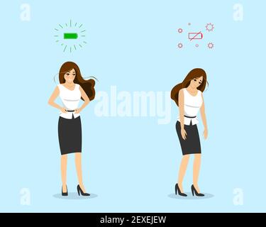 Businesswoman professional burnout syndrome. Exhausted sick tired female manager walking. Happy and sad boring woman comparison. Frustrated worker mental health problems. Long work illustration Stock Vector