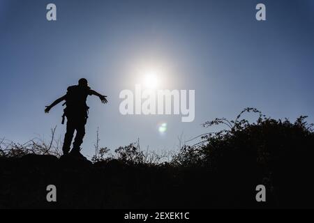 Stock photo of unrecognized man with backpack hiking in the forest against blue sky. Stock Photo