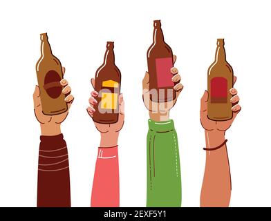 Bottles of beer in hand. Pub concept vector illustration Stock Vector
