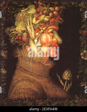 Giuseppe Arcimboldo, 'Summer,' from Four Seasons, 1563. Quirky composite head made from fruit and vegetables from the Four Seasons Collection. Stock Photo