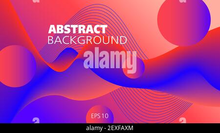 Bright red, blue fluid background. Vector flowing liquid. Abstract wave pattern and flying spheres. Multicolored 3d shapes. Psychedelic design. EPS10 Stock Vector