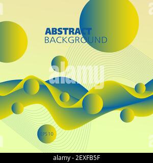 Green-yellow, blue flowing wave, flying spheres. Abstract fluid. Multicolored 3d pattern, motion illusion. Vector background. Futuristic design. EPS10 Stock Vector