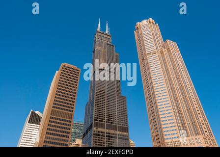 Looking up at the Willis tower, formerly the Sears tower in Downtown Chicago Stock Photo