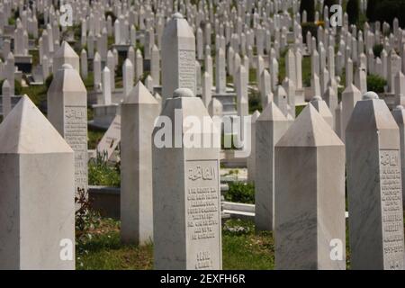 Muslim cemetery for victims of the Siege on Sarajevo on a sunny day